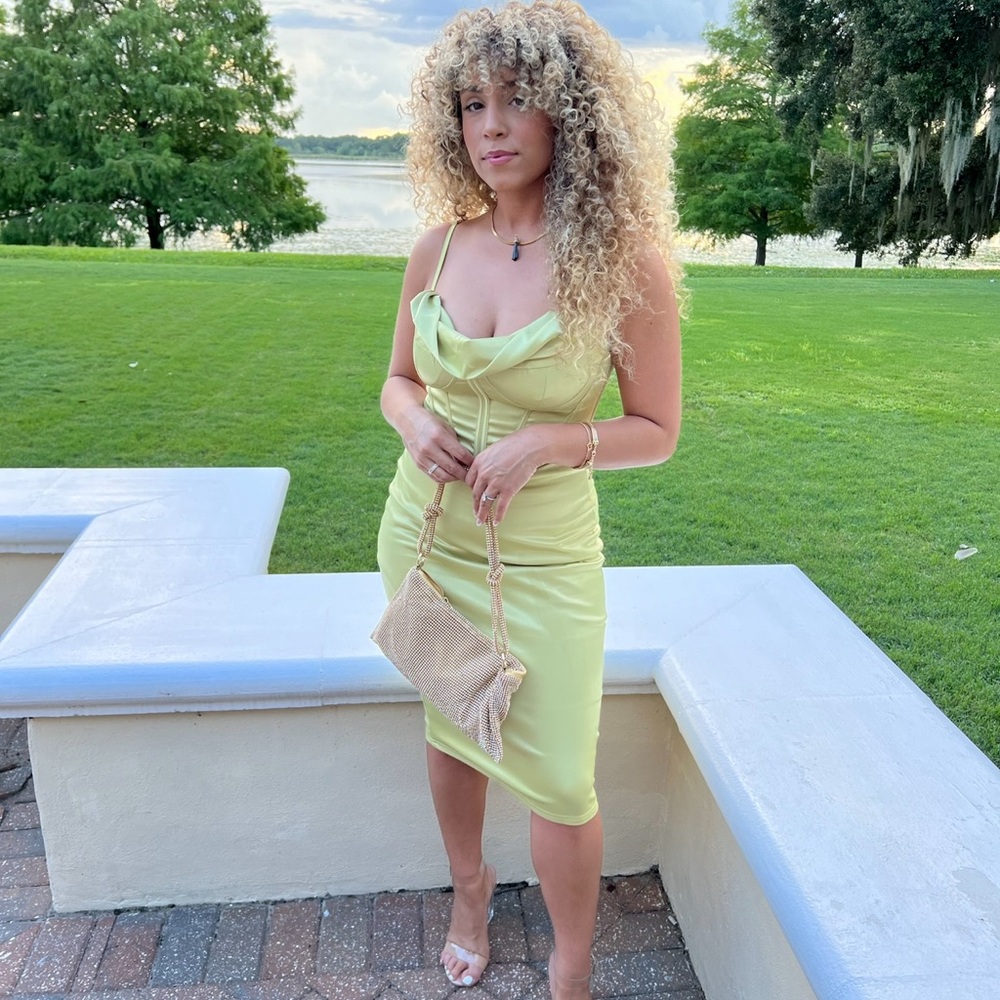 Elegant Lime Green Cowl Neck Corset Midi Dress